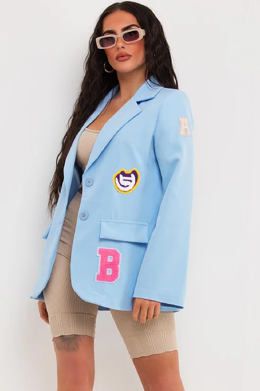 Oversized Blazer With Letter Detail Sky Blue