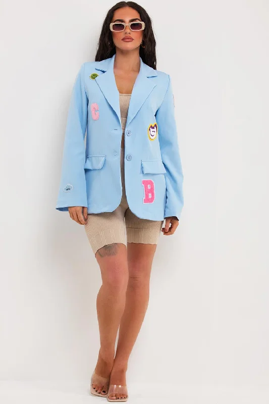 Oversized Blazer With Letter Detail Sky Blue