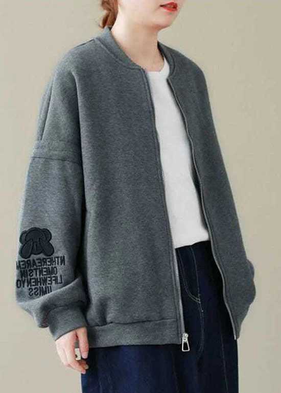 Plus Size French Grey Zip Up Loose Jacket Spring