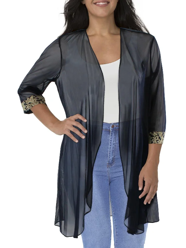 Plus Womens Mesh Contrast Trim Duster Blazer