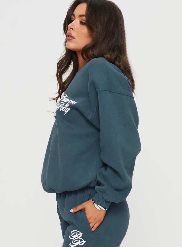 Princess Polly Crew Neck Sweatshirt Cursive Text Navy / White