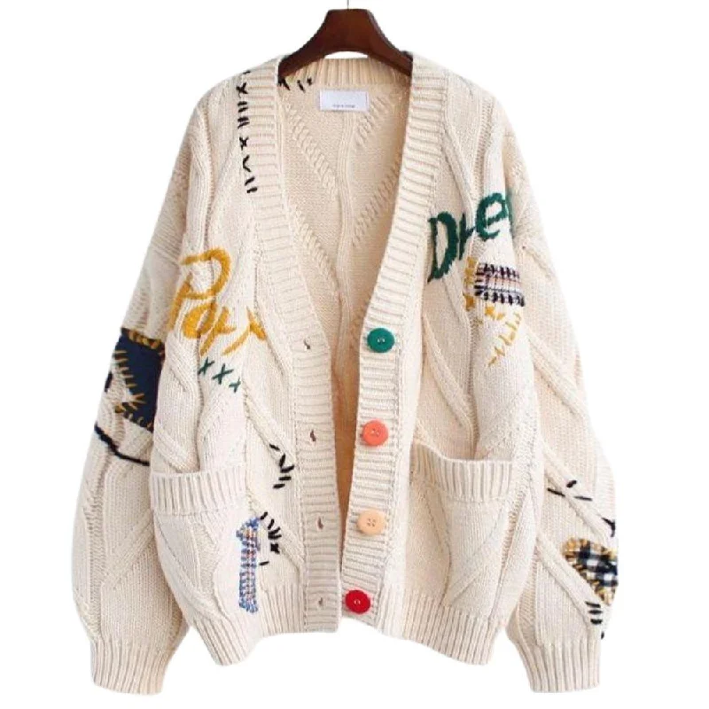 Random Patchwork Women's Cardigan Warm Knitted Sweater Jacket Pockets Embroidery Kawaii Geek Chic Girls Cardigan