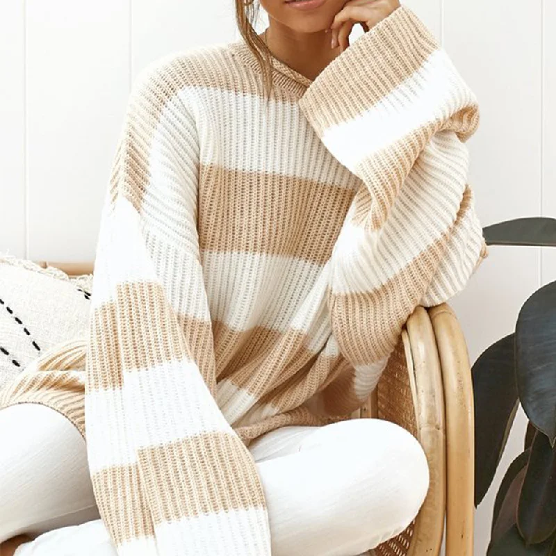 Round neck striped colorblock sweater