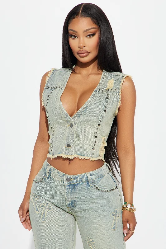 Rowdy Girl Studded Denim Vest - Vintage Wash