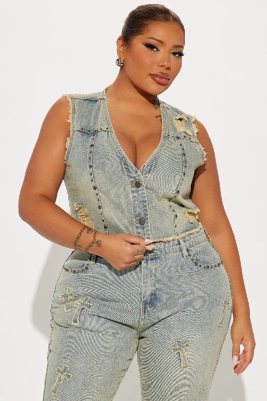 Rowdy Girl Studded Denim Vest - Vintage Wash