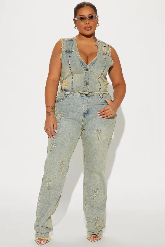 Rowdy Girl Studded Denim Vest - Vintage Wash