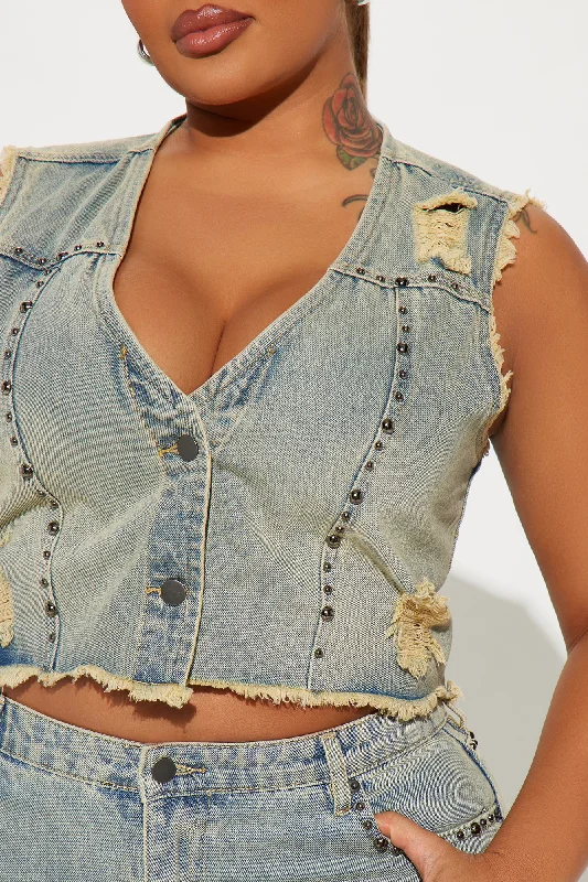 Rowdy Girl Studded Denim Vest - Vintage Wash