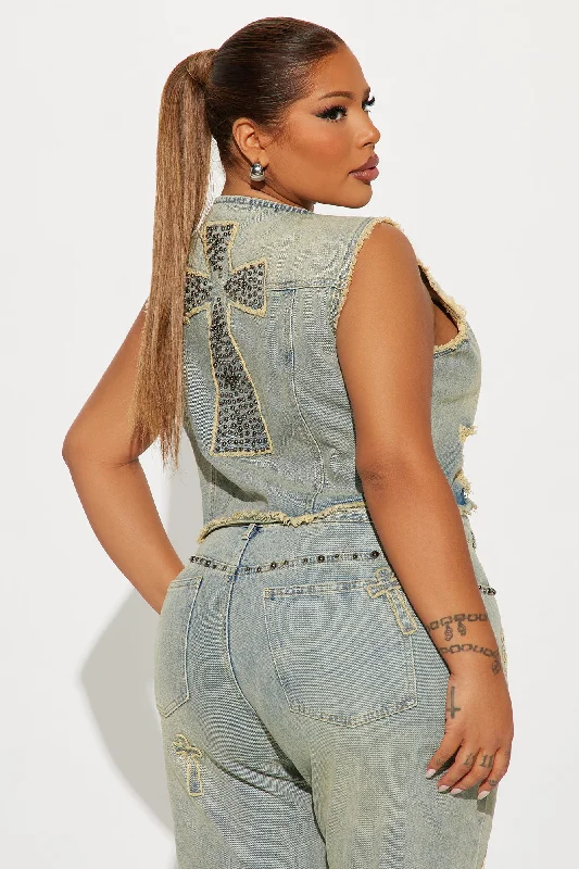 Rowdy Girl Studded Denim Vest - Vintage Wash