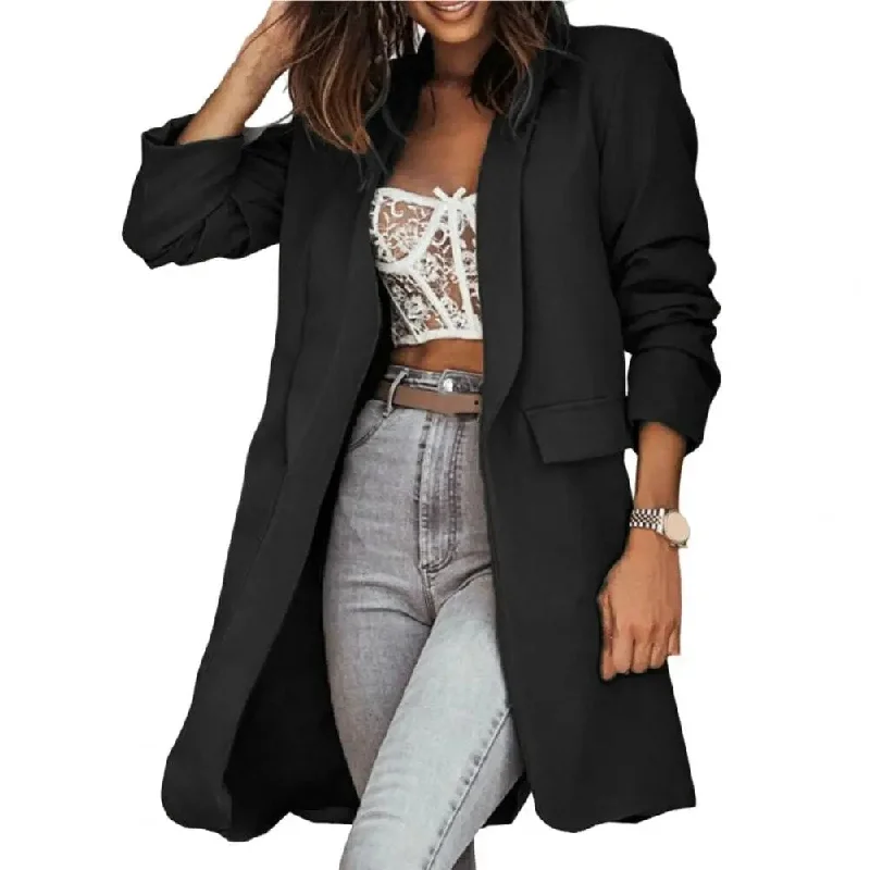 Solid Color Mid-Length Suit Jacket for Women