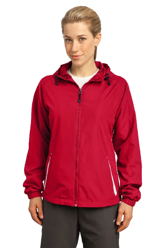 Sport-Tek Womens Water Resistant Full Zip Hooded Jacket - True Red/White