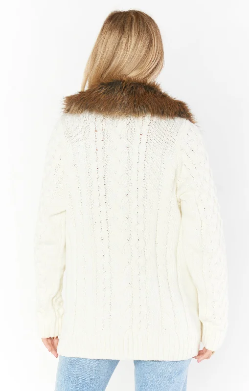 Sun Valley Pullover ~ Cream Cable Knit with Faux Fur