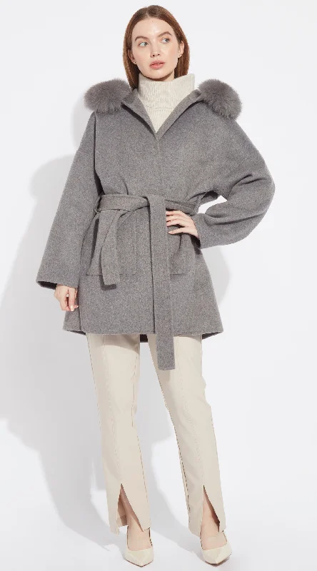 The London Cashmere & Fox Fur Belted Coat - Grey