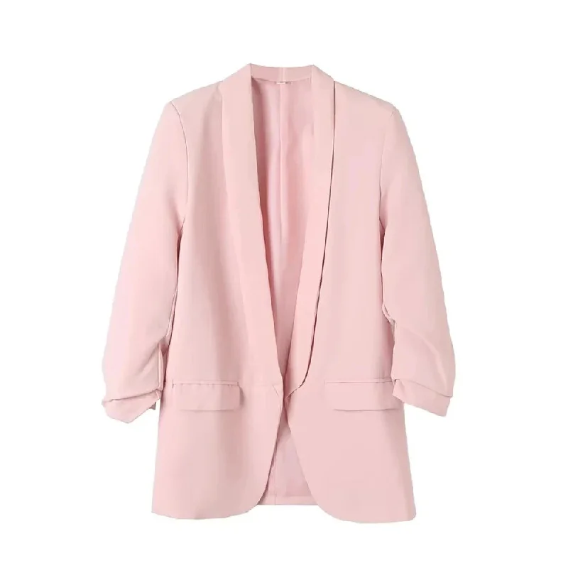 Women Fashion Office Wear Open Blazer Coat Vintage Long Pleated Sleeves Flap Pockets Female Outerwear Chic Tops