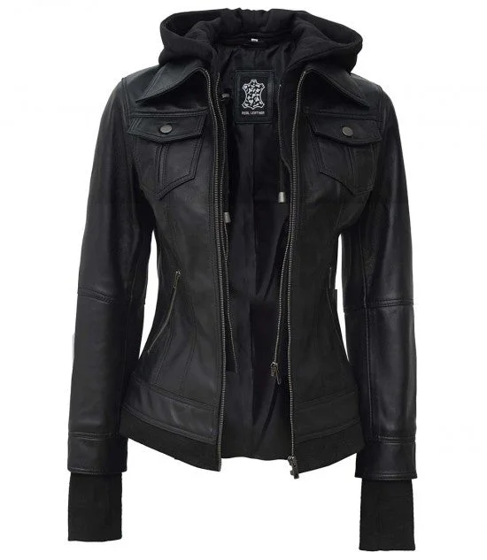 Womens Black Leather Motorcycle Jacket with Hood