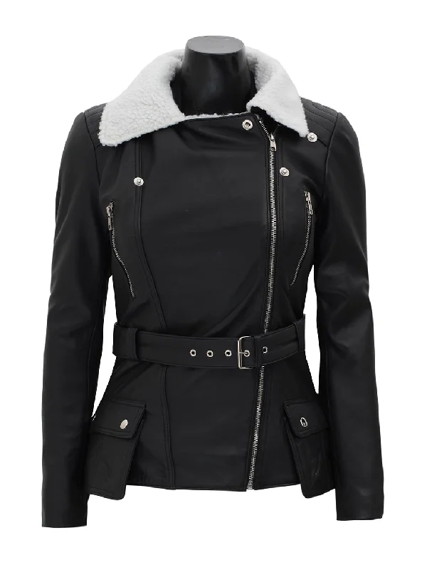 Verona Women's Black Leather Asymmetrical Jacket with Shearling Collar