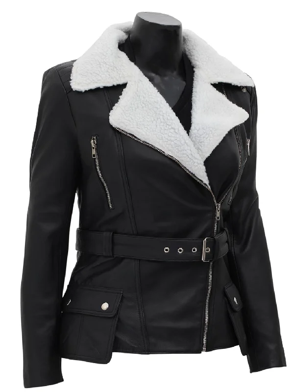 Verona Women's Black Leather Asymmetrical Jacket with Shearling Collar