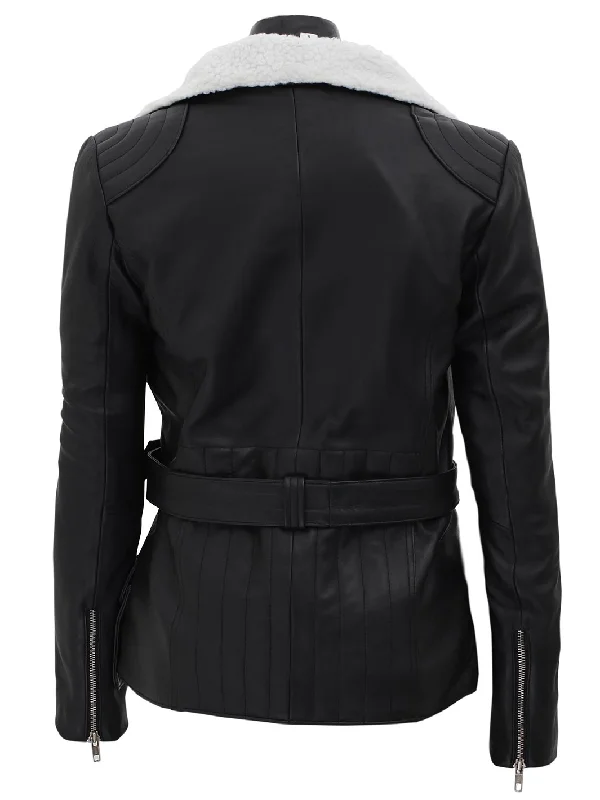 Verona Women's Black Leather Asymmetrical Jacket with Shearling Collar