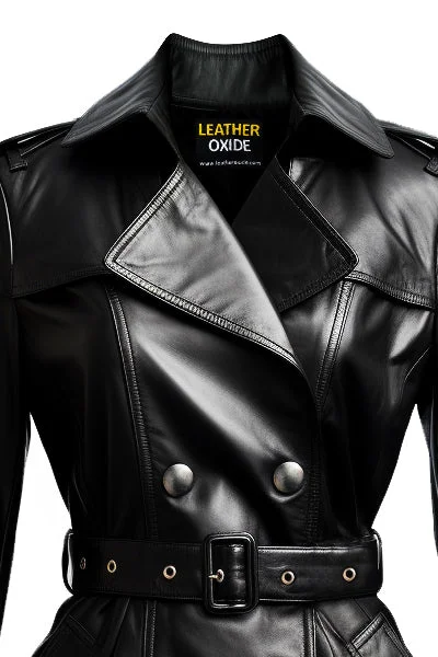 Women Black Leather Winter Coat Belted Style