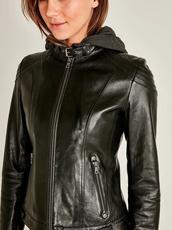 Women Black Real Leather Buckle Collar Jacket