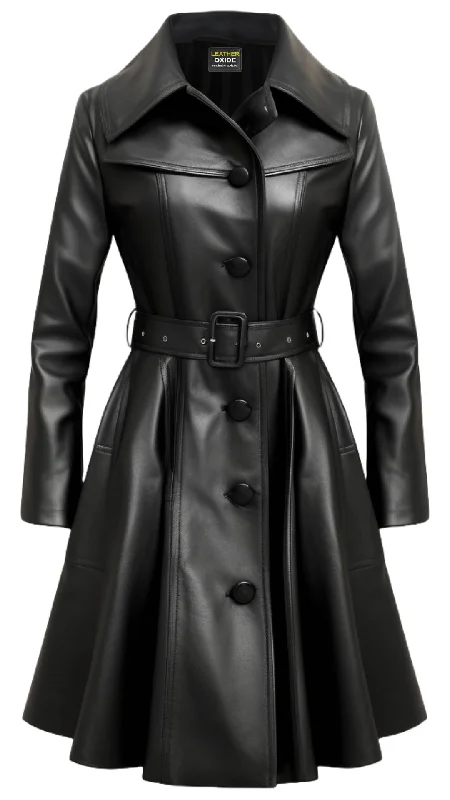 Women Black Real Long Leather Coat