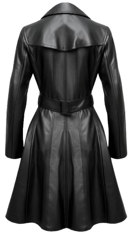 Women Black Real Long Leather Coat