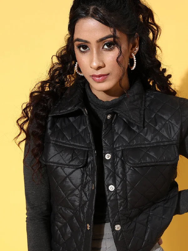 Women Black Sleeveless Quilted Crop Jacket