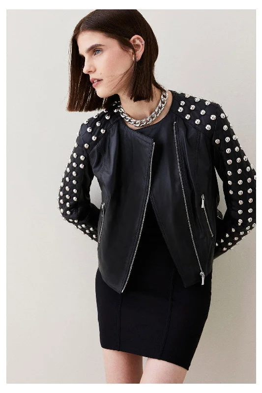 Women Black Spiked Studded  Style Silver Leather Jacket