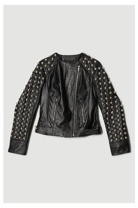 Women Black Spiked Studded  Style Silver Leather Jacket