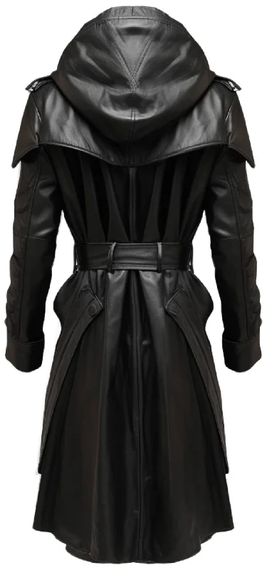 Black Stylish Leather Coat - Hooded Leather Coat