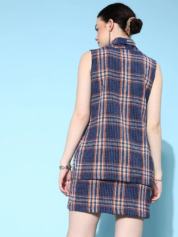 Women Blue Flannel Check Sleeveless Blazer