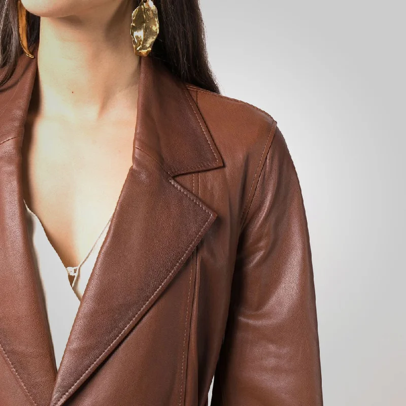 Women Goatskin Belted Brown Leather Jacket