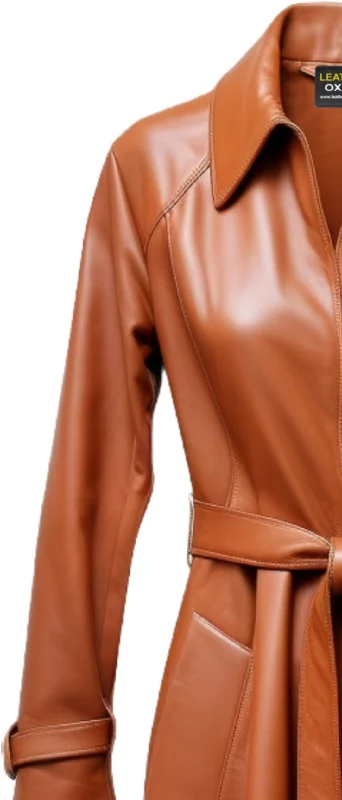 Women Leather Coat - Tan Brown Long Leather Coat