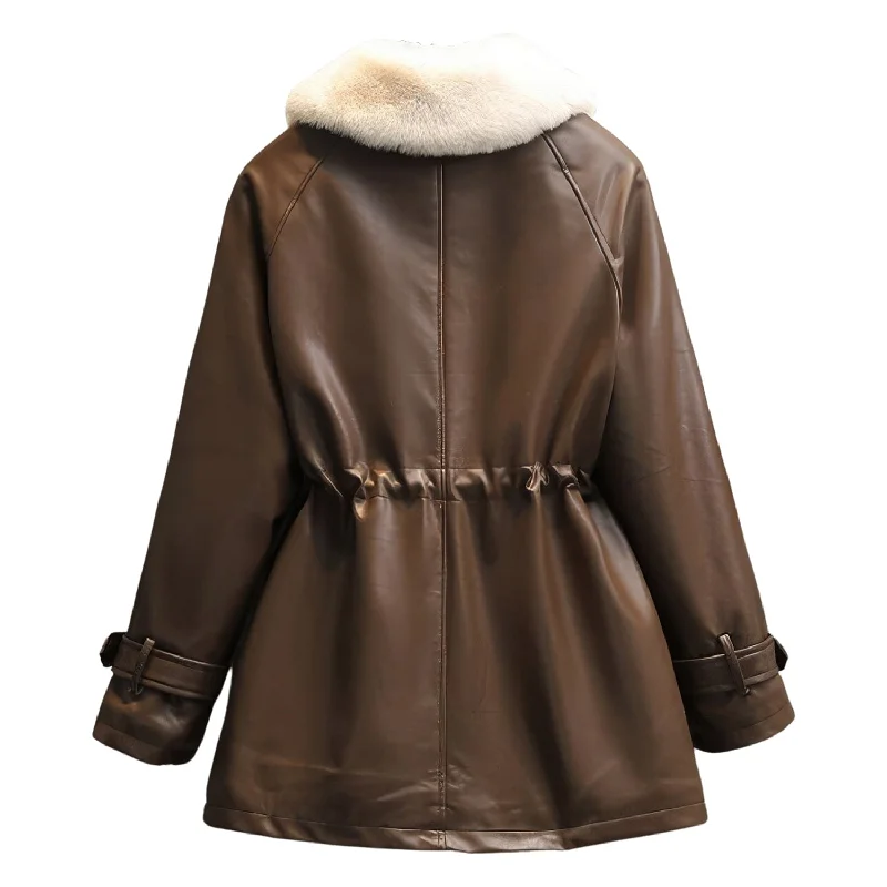 Women’s Auburn Genuine Sheepskin Sherpa Shearling Faux Fur Lined Casual Fashion Thick Oversized Waist Drawstring Leather Jacket