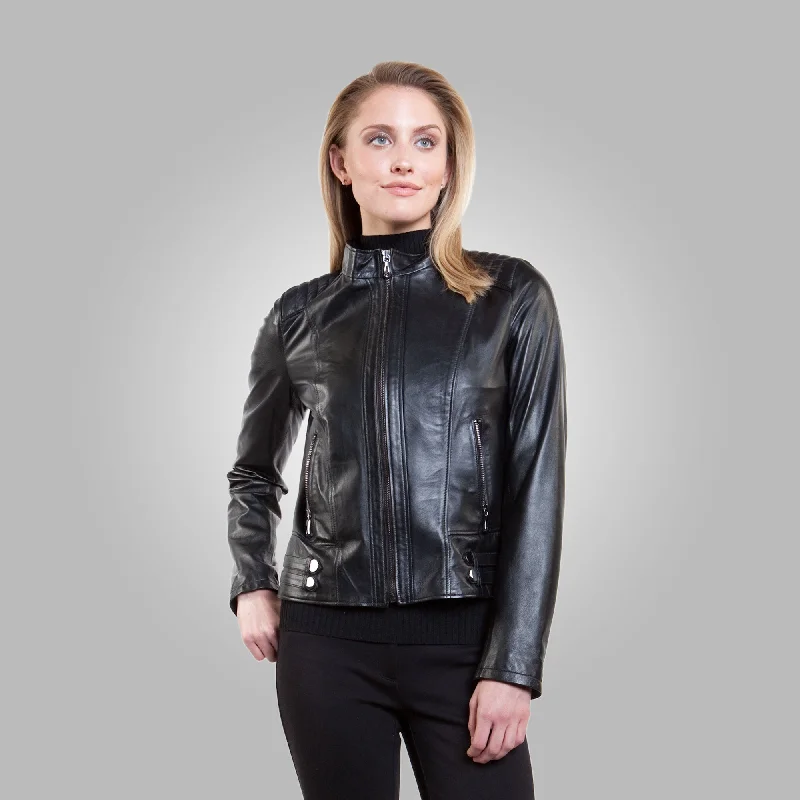 Women’s Black Leather Ban Collar Jacket