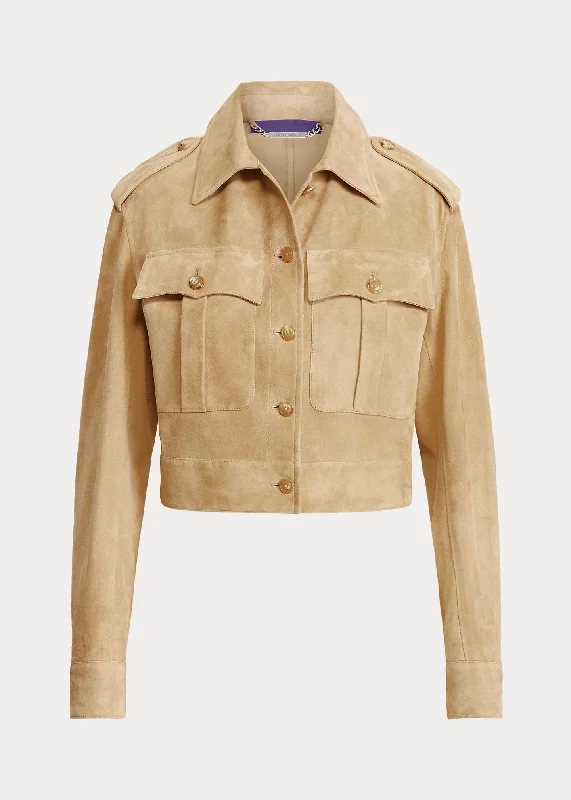 Women’s Tan Beige Suede Leather Short Trucker Jacket