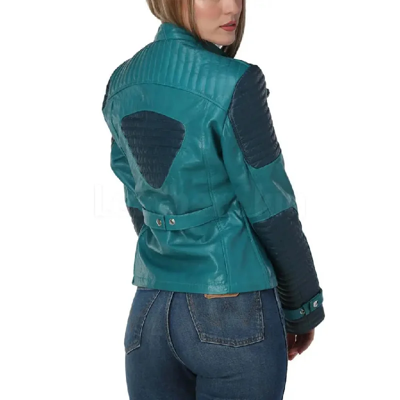 Women’s Teal Leather Biker Jacket