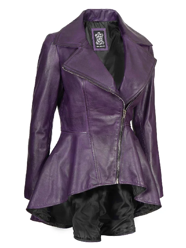 Womens Asymmetrical Peplum Purple Leather Jacket