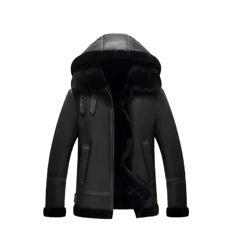 Women's Black Bomber B3 Hooded Aviator Leather Jacket