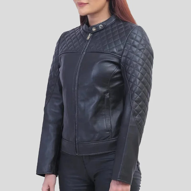 Womens Black Quilted Cafe Racer Jacket