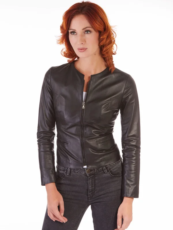 Womens Black Nappa Real Leather Round Collar Jacket