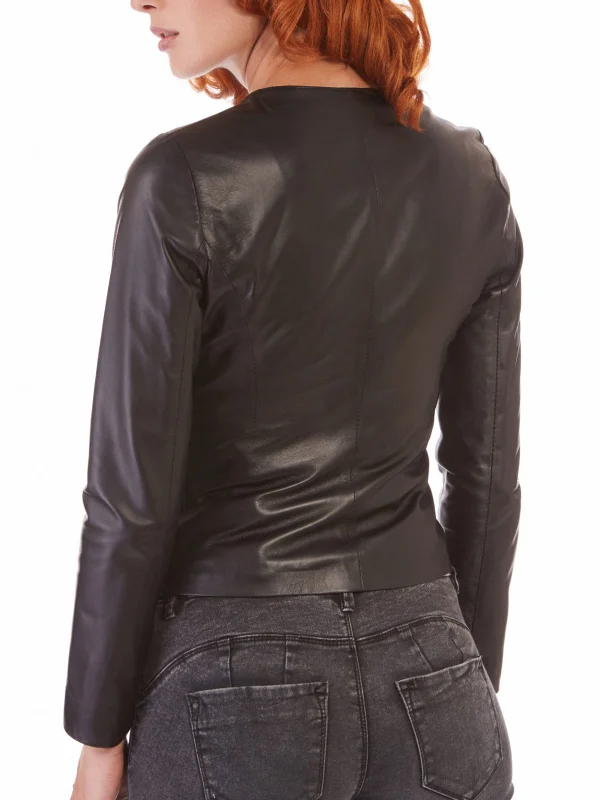 Womens Black Nappa Real Leather Round Collar Jacket