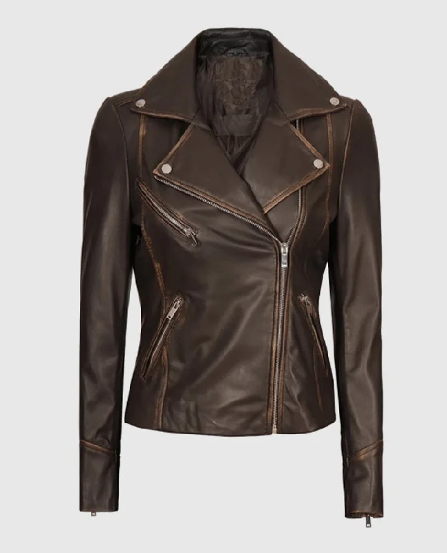 Women's Brown Rub-off Vintage Leather Biker Jacket