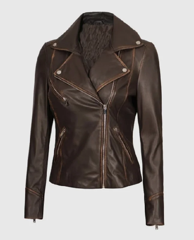 Women's Brown Rub-off Vintage Leather Biker Jacket