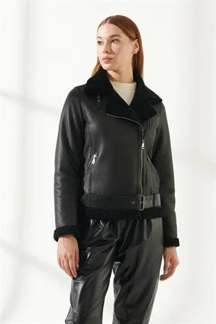 Women's Casual Black Shearling Leather Jacket