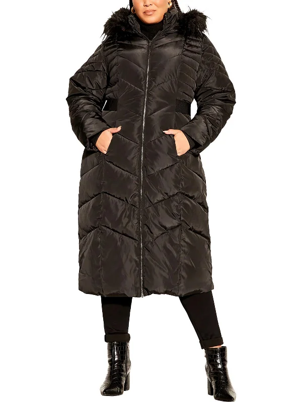 Womens Faux Fur Trim Polyester Puffer Jacket