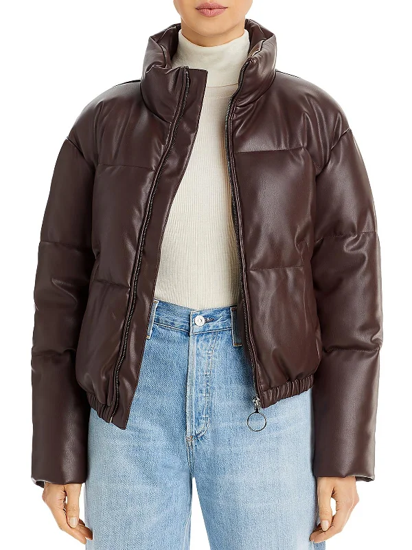 Womens Faux Leather Short Puffer Jacket