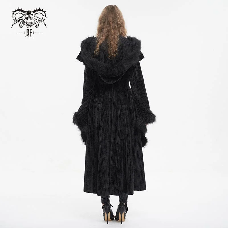 Women's Gothic Flared Sleeved Fluffy Coat with Hood