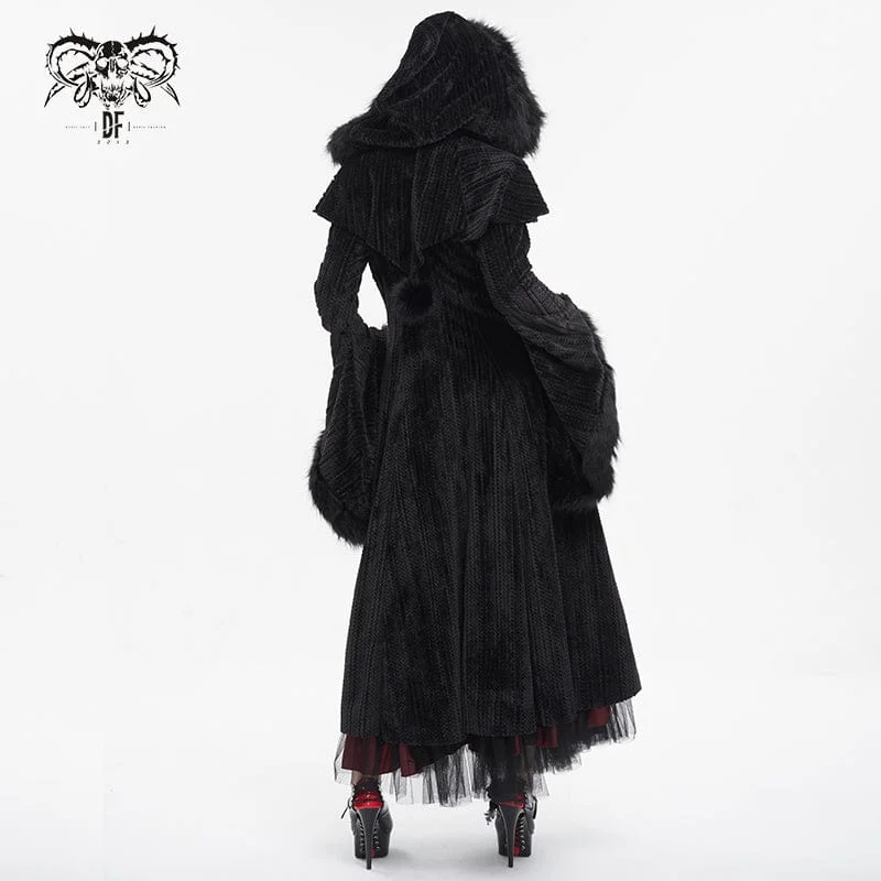 Women's Gothic Flared Sleeved Fluffy Coat with Hood