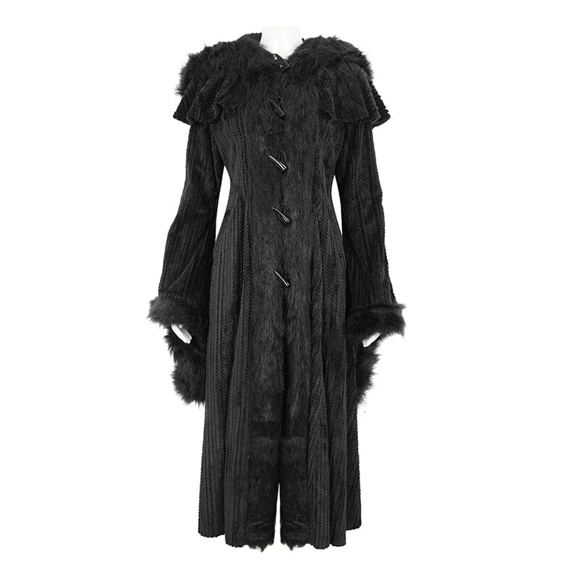 Women's Gothic Flared Sleeved Fluffy Coat with Hood