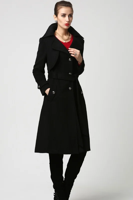 Womens long black  wool trench Coat 1122#